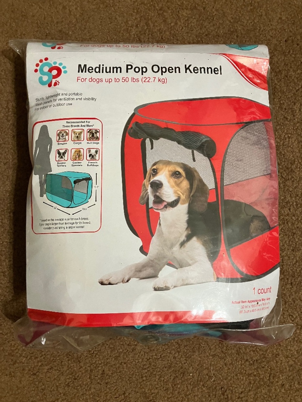 POP OPEN PET KENNEL, BLUE, MEDIUM FOR PETS UP TO 50 LBS. GREAT FOR TRAVEL